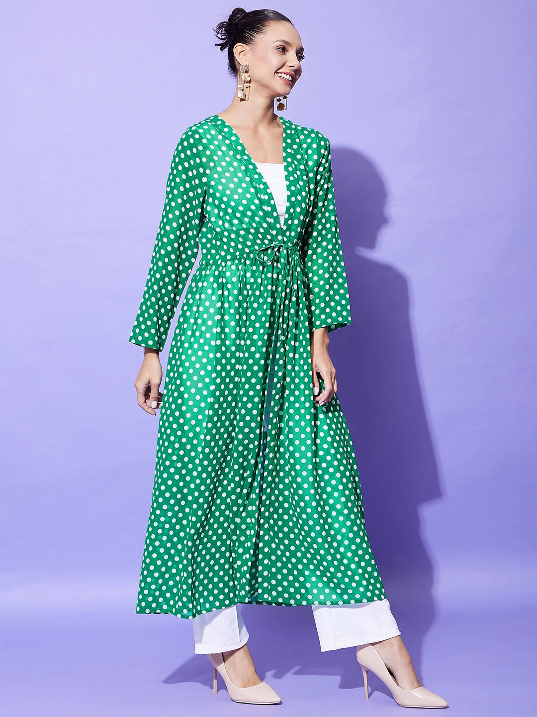 Women's Green Polka Long Shrug - StyleStone