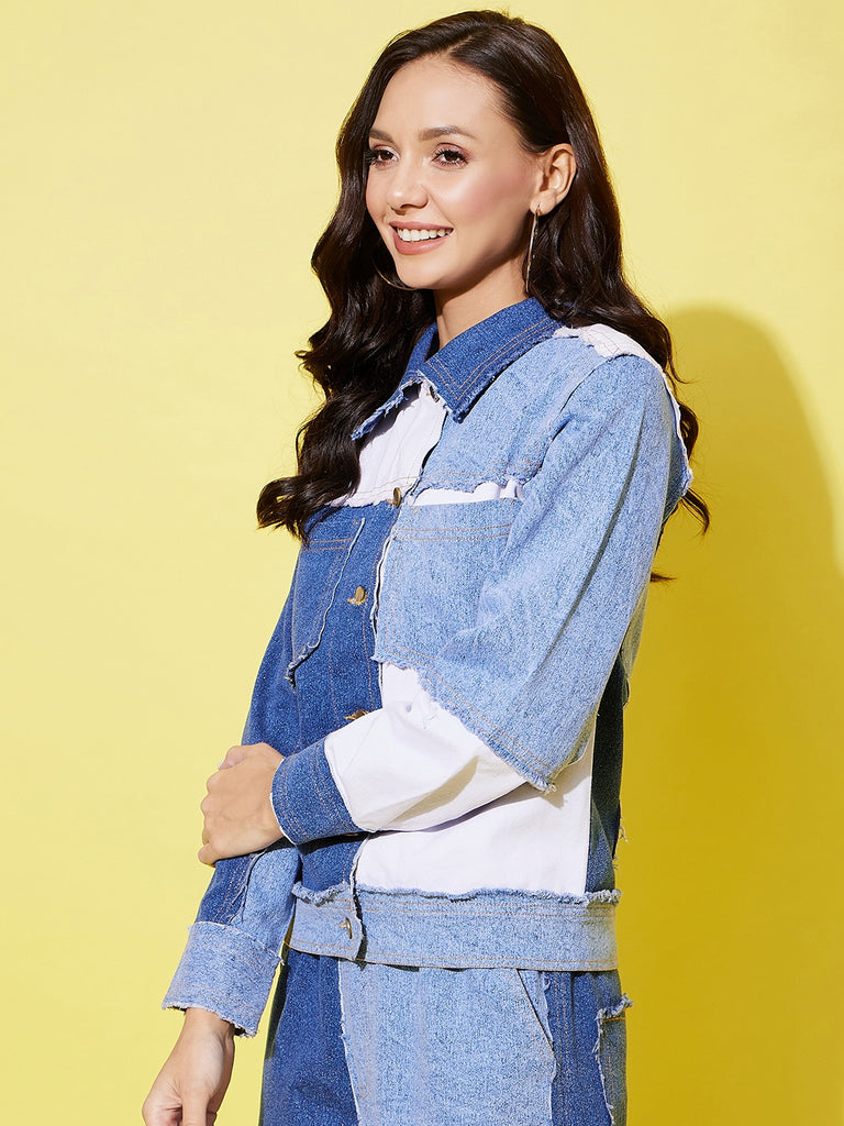 Women's Blue Denim Patchwork Jacket