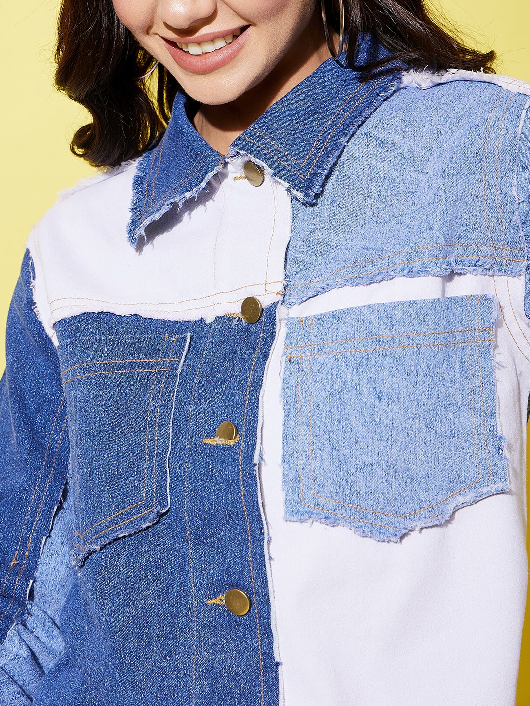 Women's Blue Denim Patchwork Jacket - StyleStone