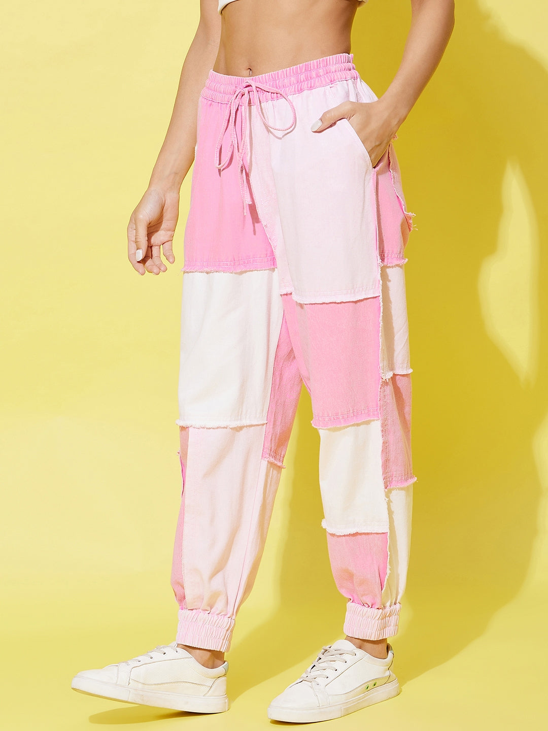 Women's Pink Denim Patchwork Jogger - StyleStone