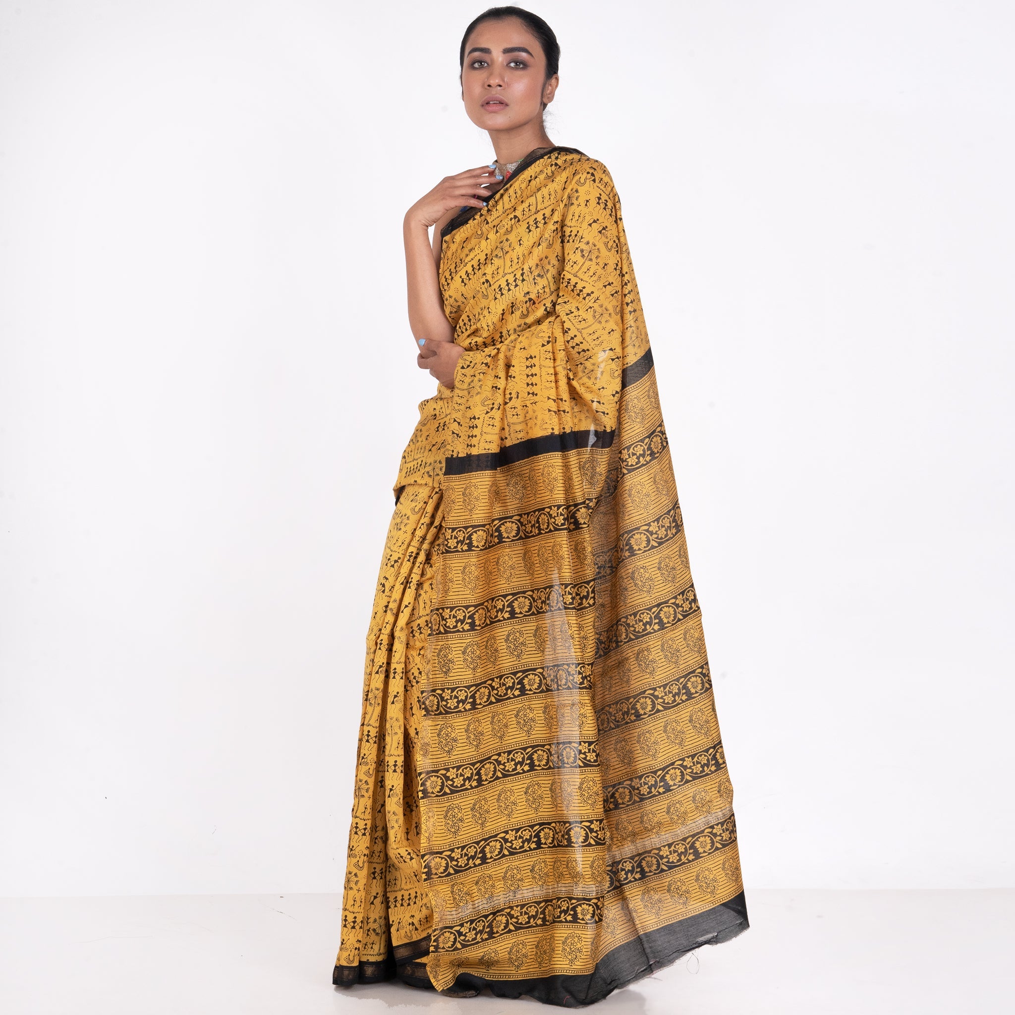 Women's Yellow Cotton Silk Chanderi Saree With Black Warli Print - Boveee