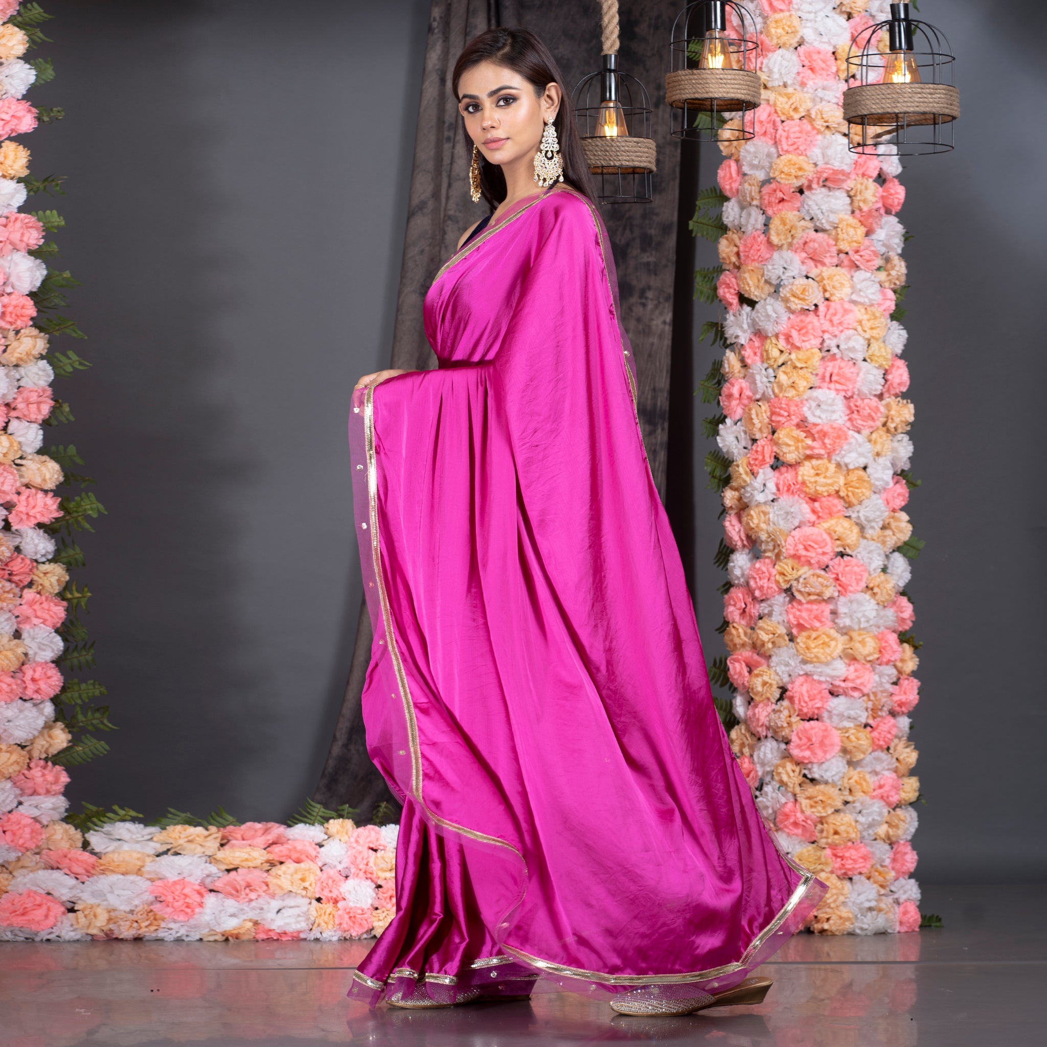 Women's Magenta Satin Saree With Embroidered Border - Boveee