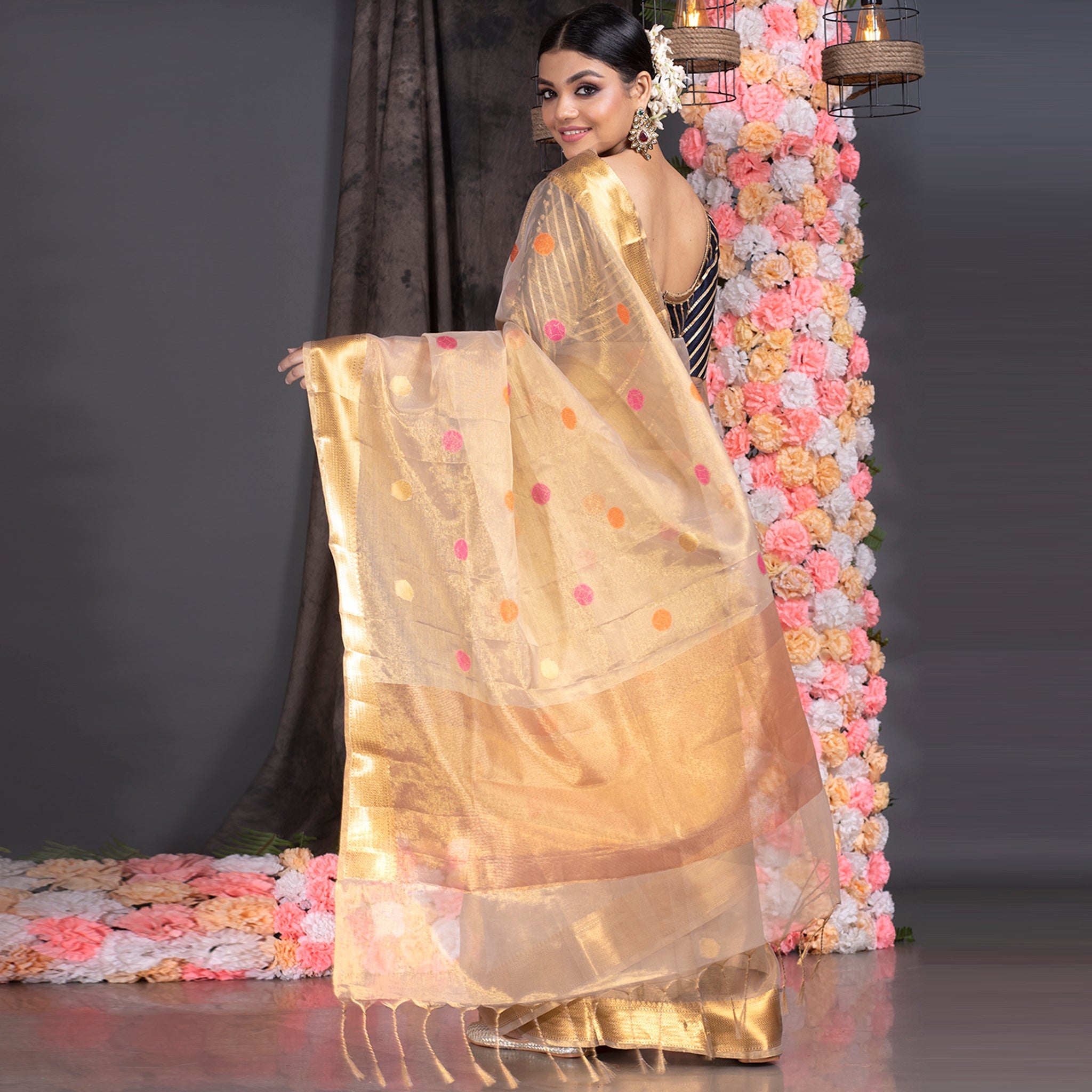 Women's Golden Silk Organza Zari Saree With Multicolor Woven Dots And Pallu - Boveee