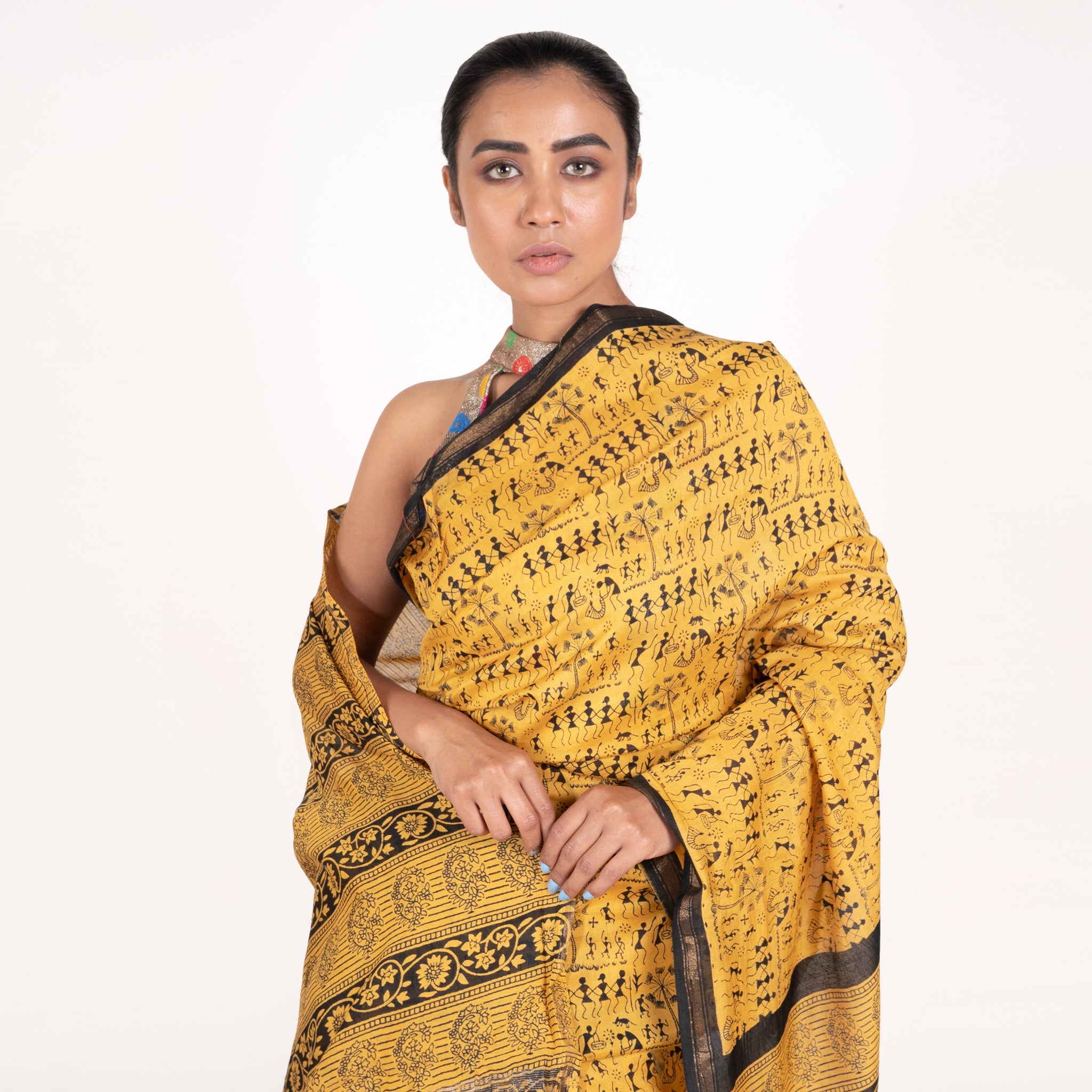 Women's Yellow Cotton Silk Chanderi Saree With Black Warli Print - Boveee