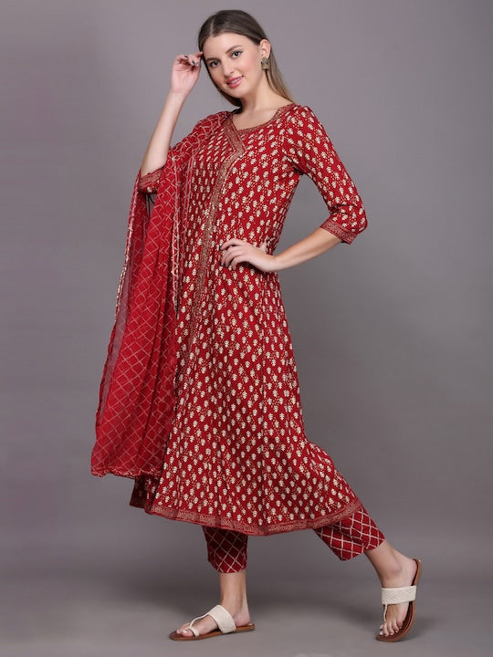 Women's Ethnic Motifs Printed Angrakha Sequinned Kurta With Palazzos & With Dupatta