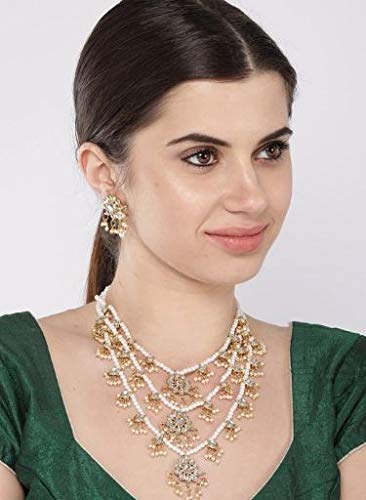 Women's 3 Layered Multi Strand Floral White Kundan & Pearl Beaded Necklace - i jewels
