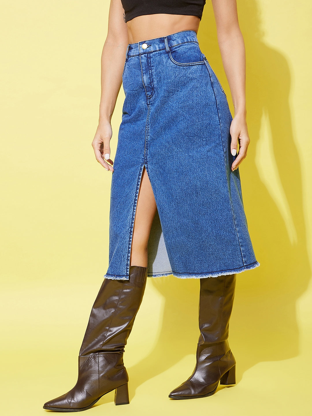 Women's Denim Midi Skirt With Center Slit - StyleStone