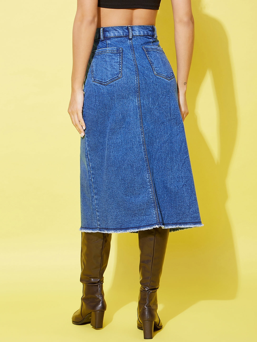 Women's Denim Midi Skirt With Center Slit - StyleStone