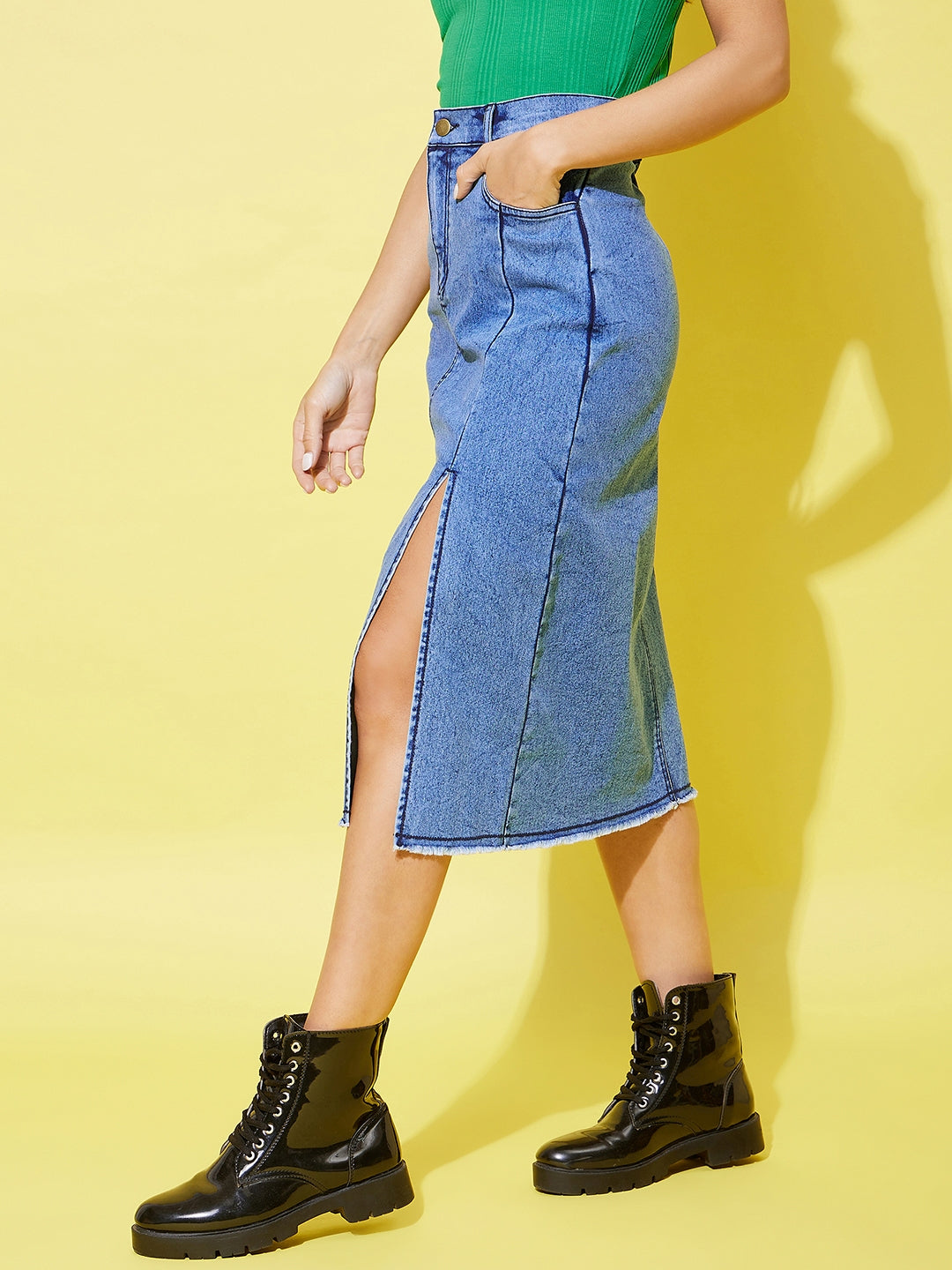 Women's Denim Midi Skirt With Side Slit - StyleStone