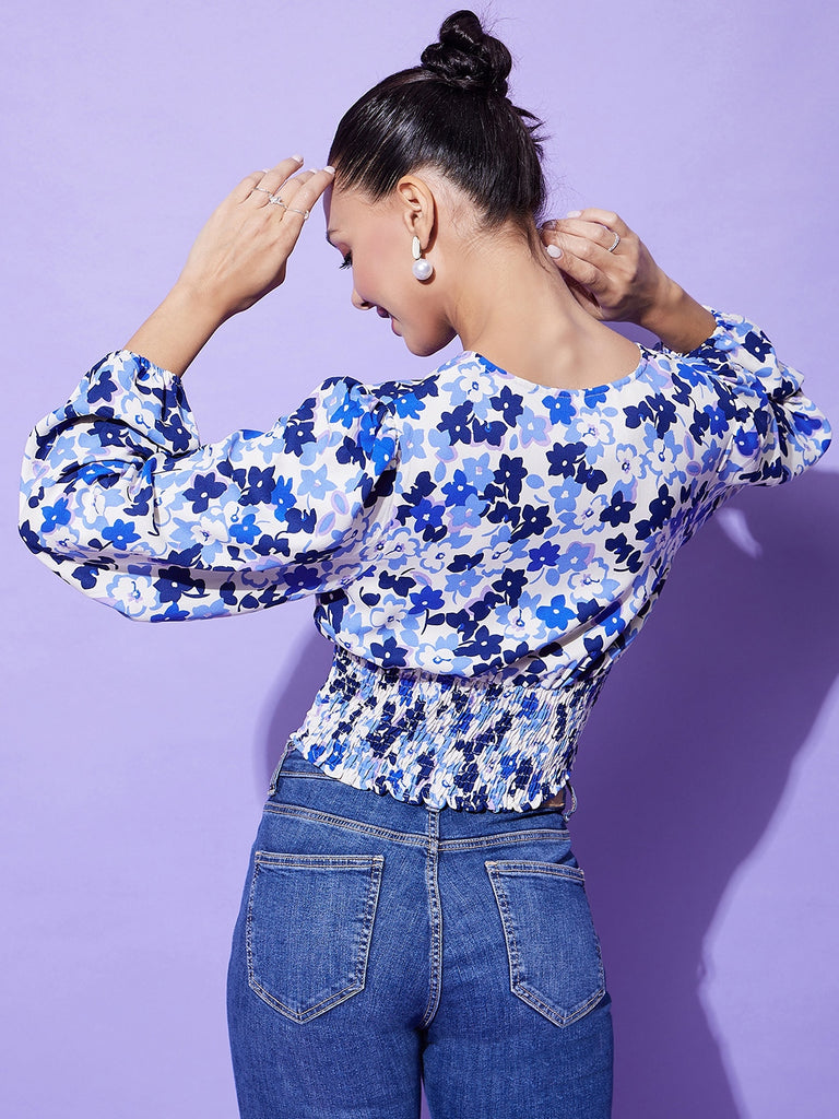 Women's Blue Floral Top With Smocking Detail
