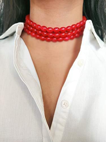 Women's Gold Plated Red Handcrafted 3 Layer Light Weighted Ruby Pearl Choker Necklace Set - i jewels