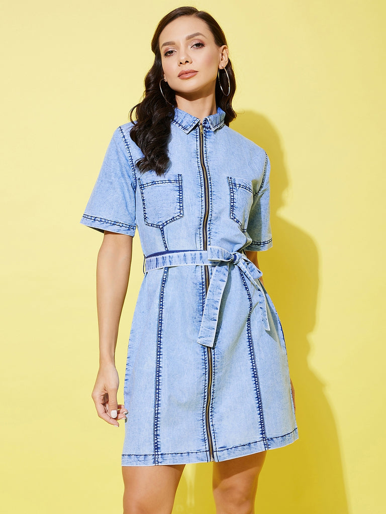Women's Light Toned Denim Front Zip Dress