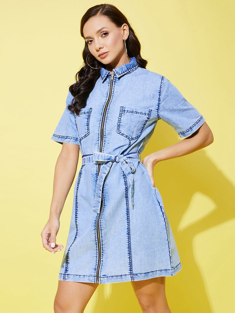 Women's Light Toned Denim Front Zip Dress