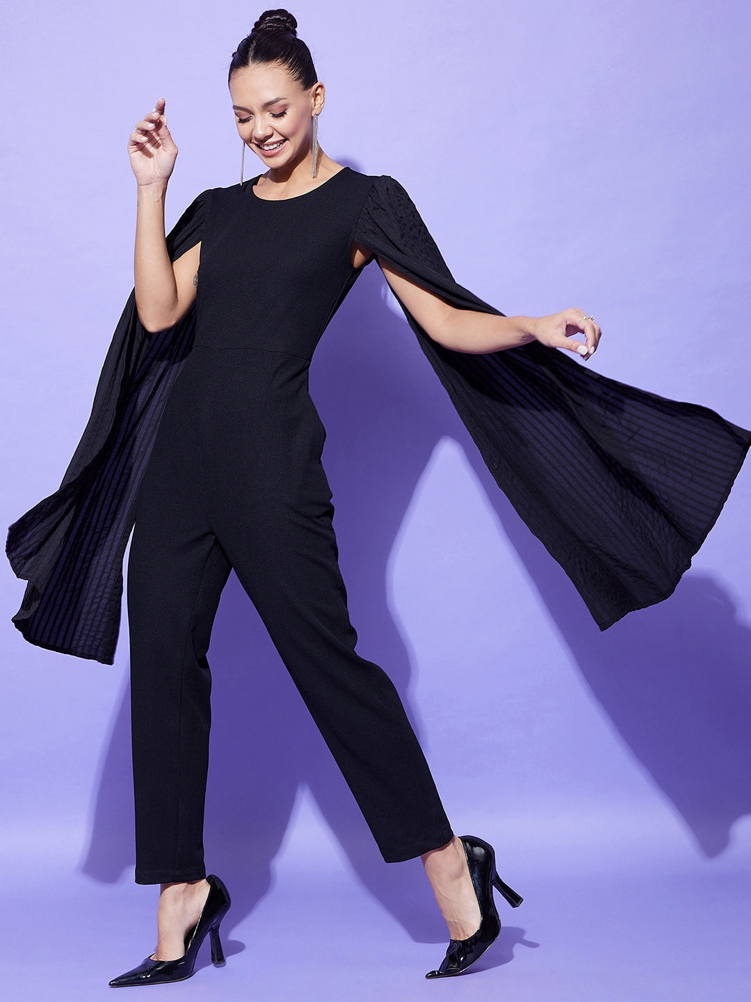 Women's Black Fitted Jumpsuit With Long Cape Sleeves - StyleStone