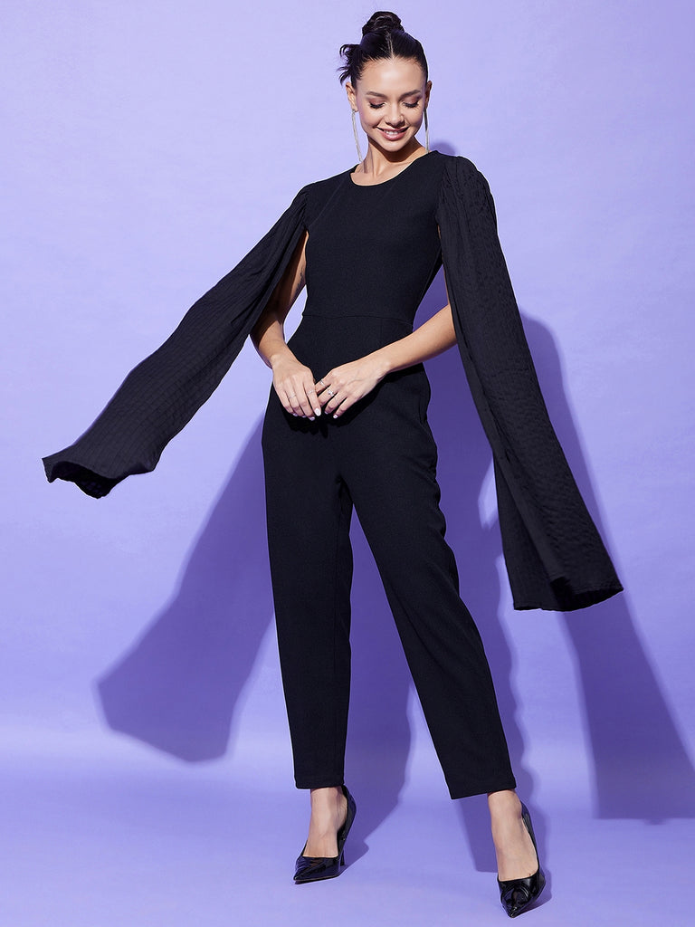 Women's Black Fitted Jumpsuit With Long Cape Sleeves