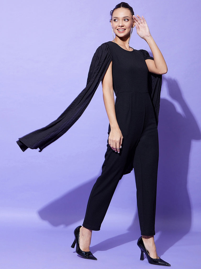 Women's Black Fitted Jumpsuit With Long Cape Sleeves