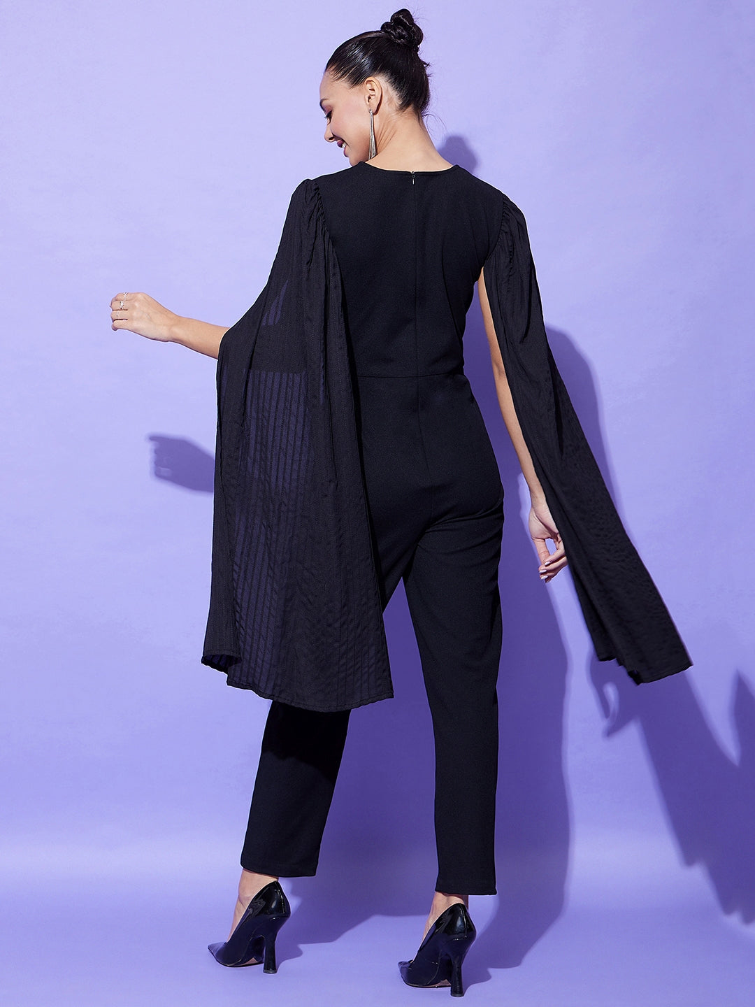 Women's Black Fitted Jumpsuit With Long Cape Sleeves - StyleStone