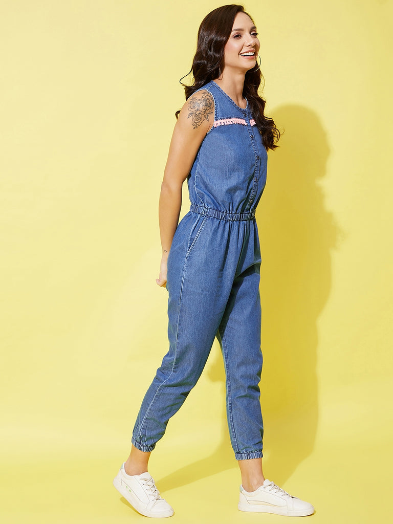 Women's Denim Jumpsuit With Neon Lace Insert