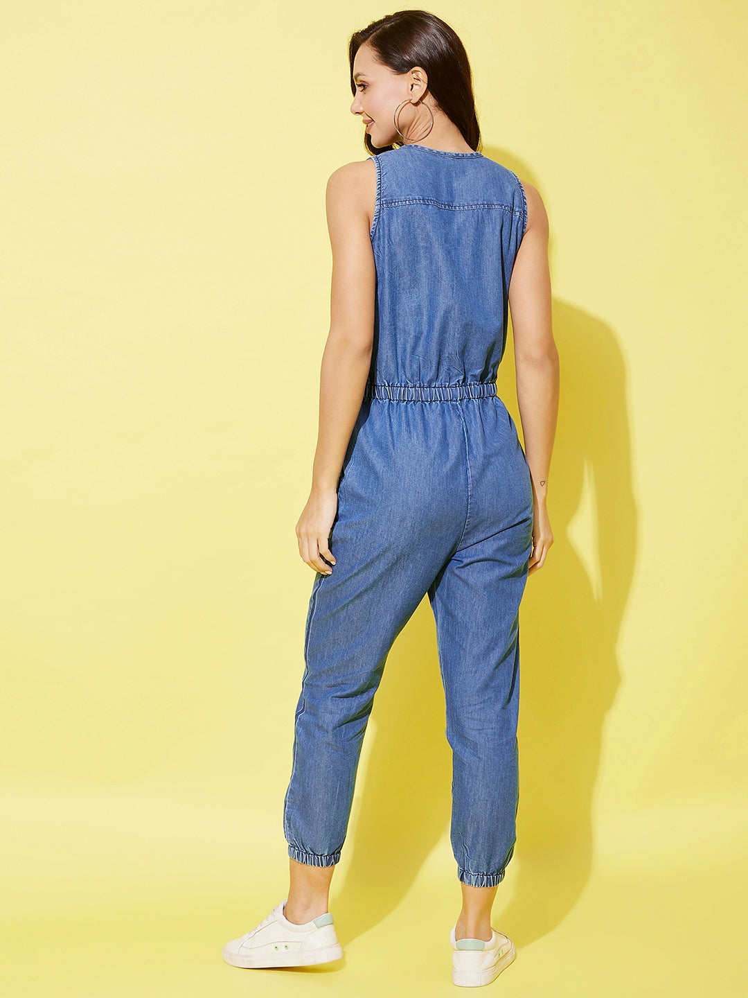 Women's Denim Jumpsuit With Neon Lace Insert - StyleStone