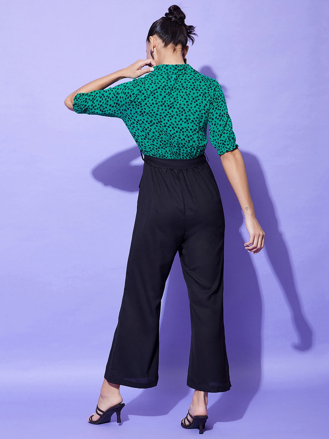 Women's Black And Green Polka Dot Jumpsuit - StyleStone