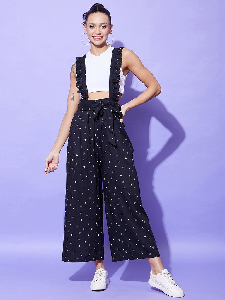 Women's Black Heart Print Pinafore Dungaree (T Shirt Not Included)