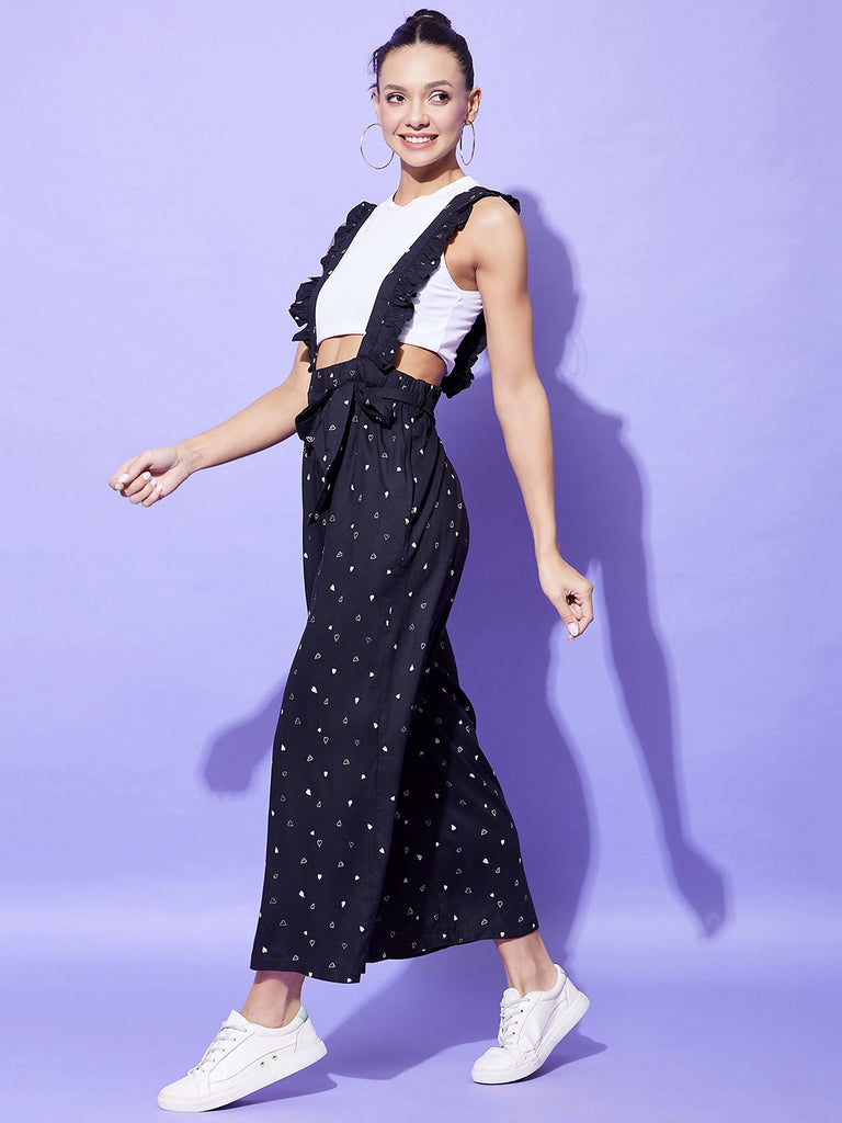 Women's Black Heart Print Pinafore Dungaree (T Shirt Not Included)