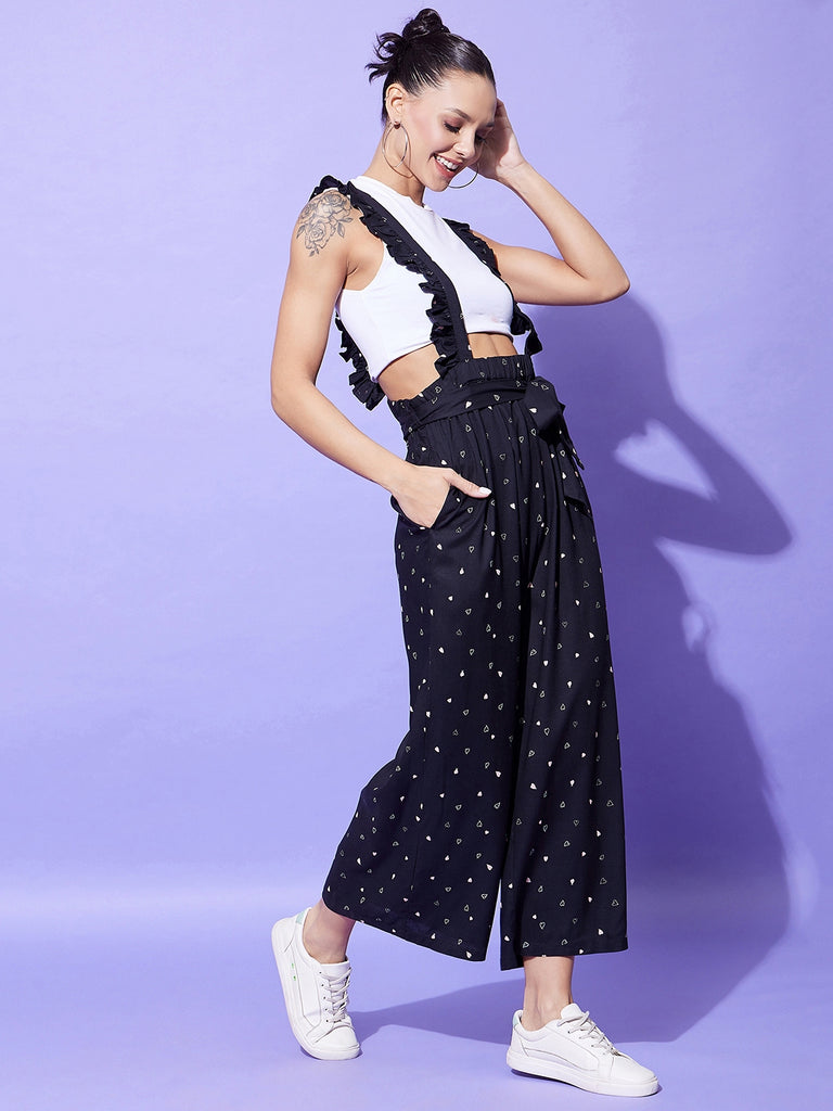 Women's Black Heart Print Pinafore Dungaree (T Shirt Not Included)