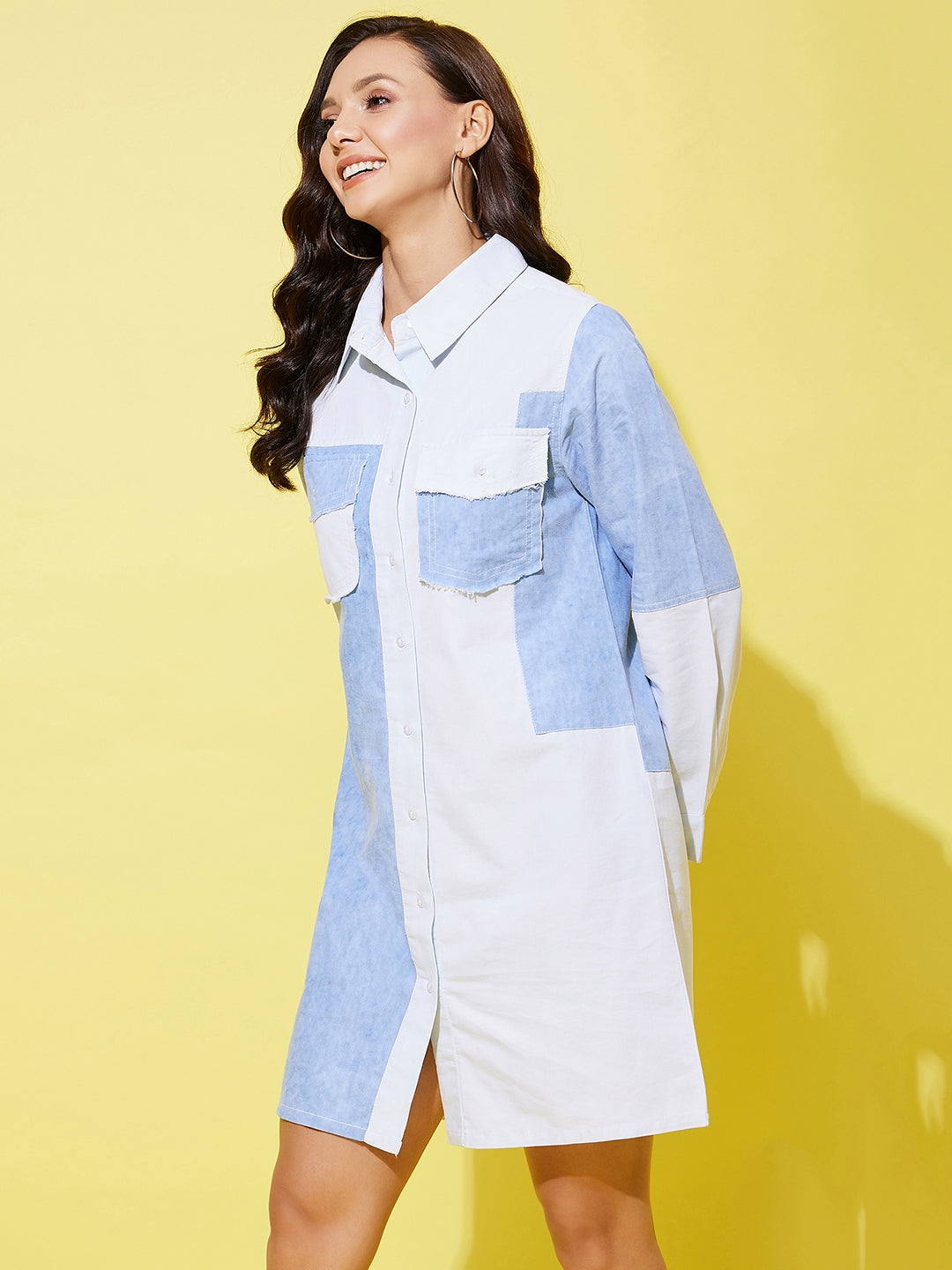 Women's Denim Shirt Dress With Patchwork Detail - StyleStone