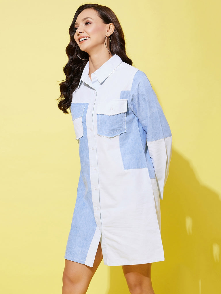 Women's Denim Shirt Dress With Patchwork Detail