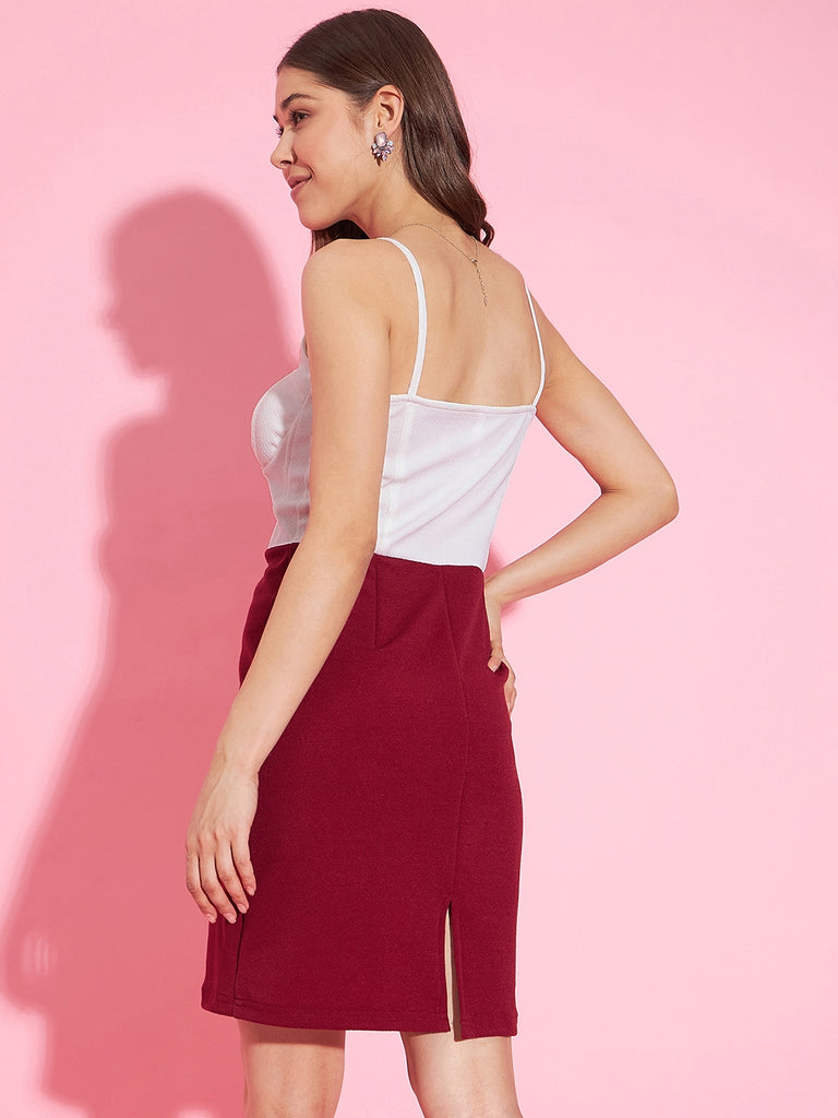 Women's White & Maroon Corset Style Padded Bodycon Dress