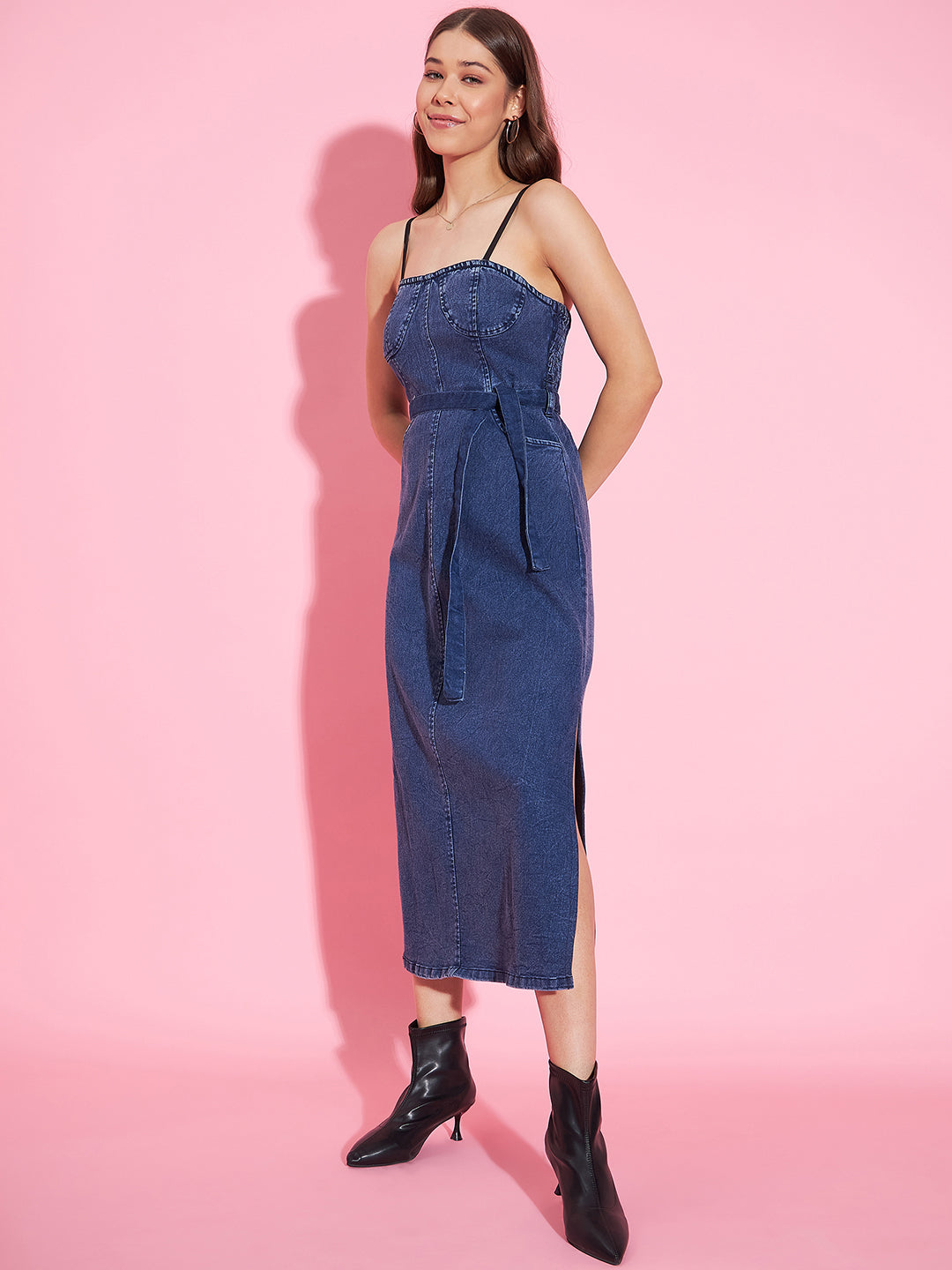 Women's Denim Corset Style Padded Maxi Dress - StyleStone