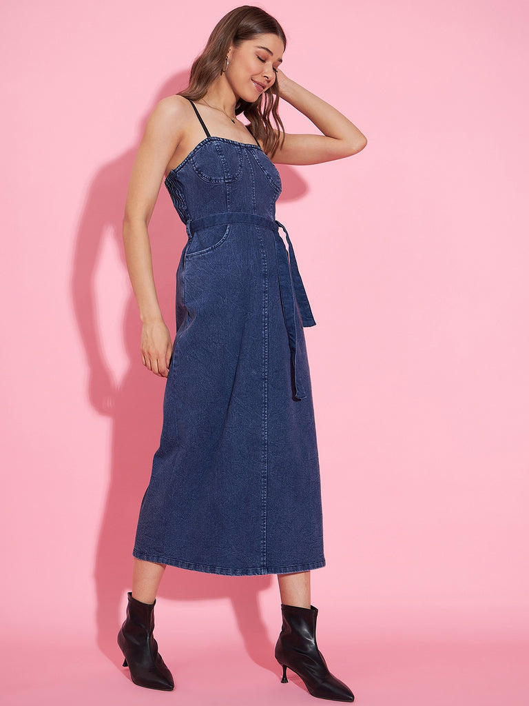 Women's Denim Corset Style Padded Maxi Dress