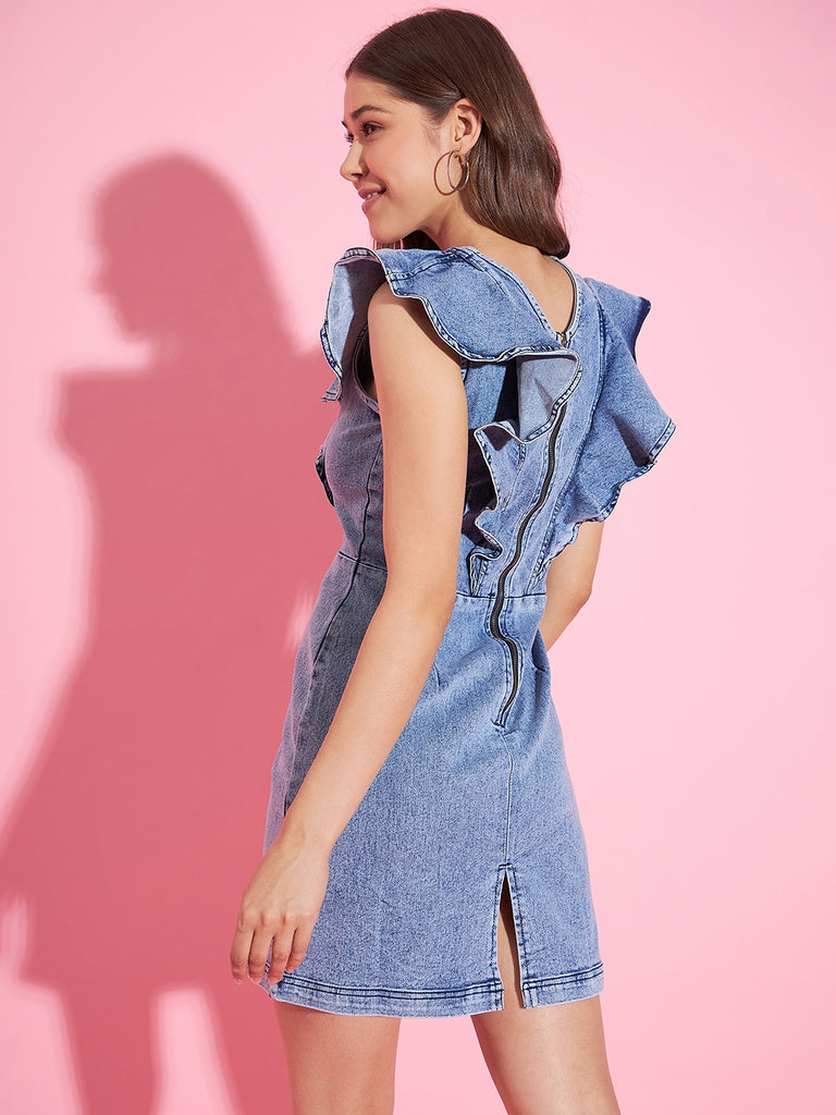 Women's Denim Lycra Ruffle Bodycon Dress