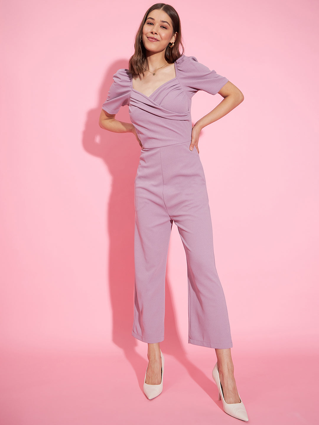 Women's Front Pleat Lavender Polyester Lycra Jumpsuit - StyleStone