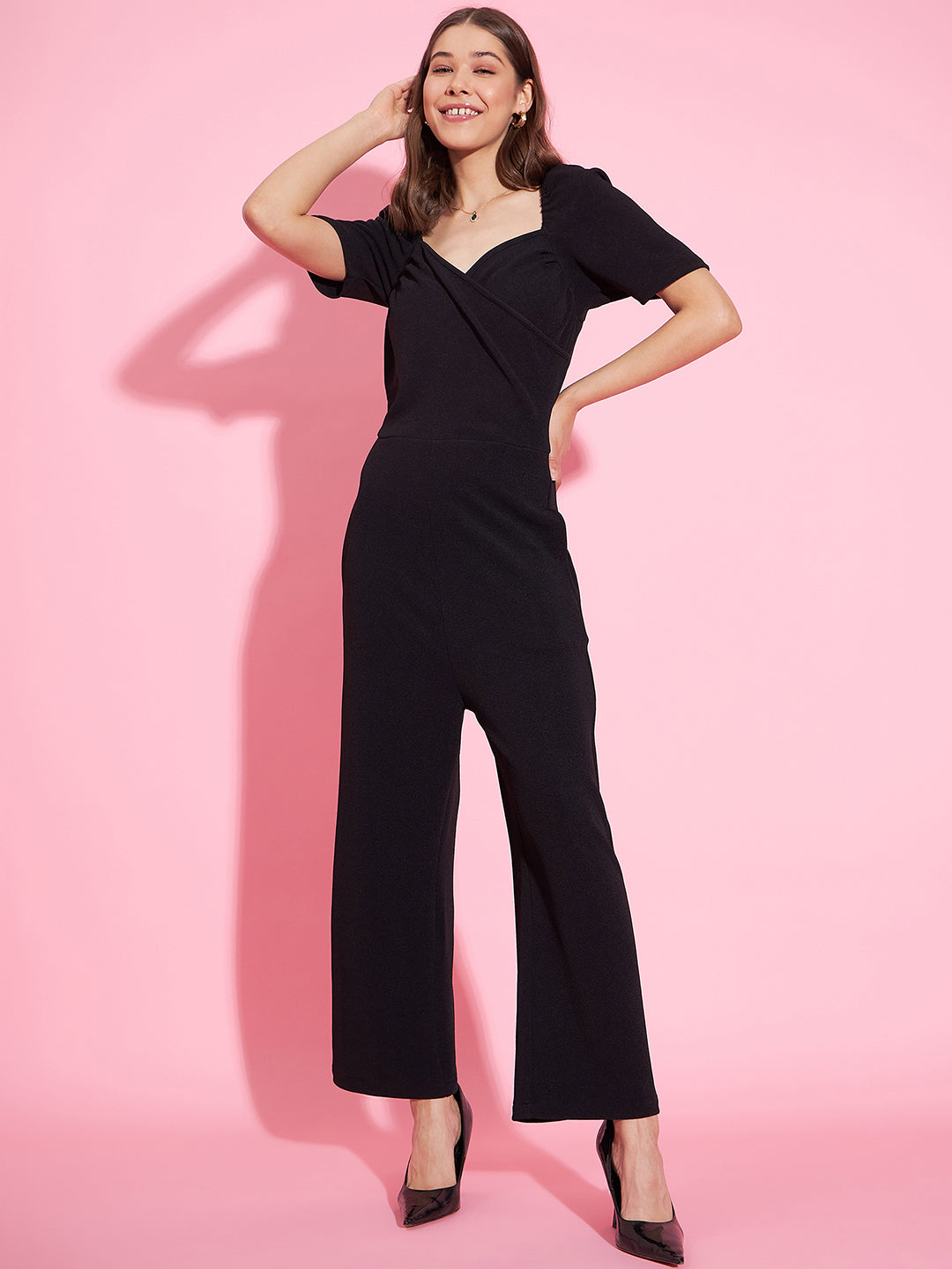 Women's Front Pleat Black Polyester Lycra Jumpsuit - StyleStone