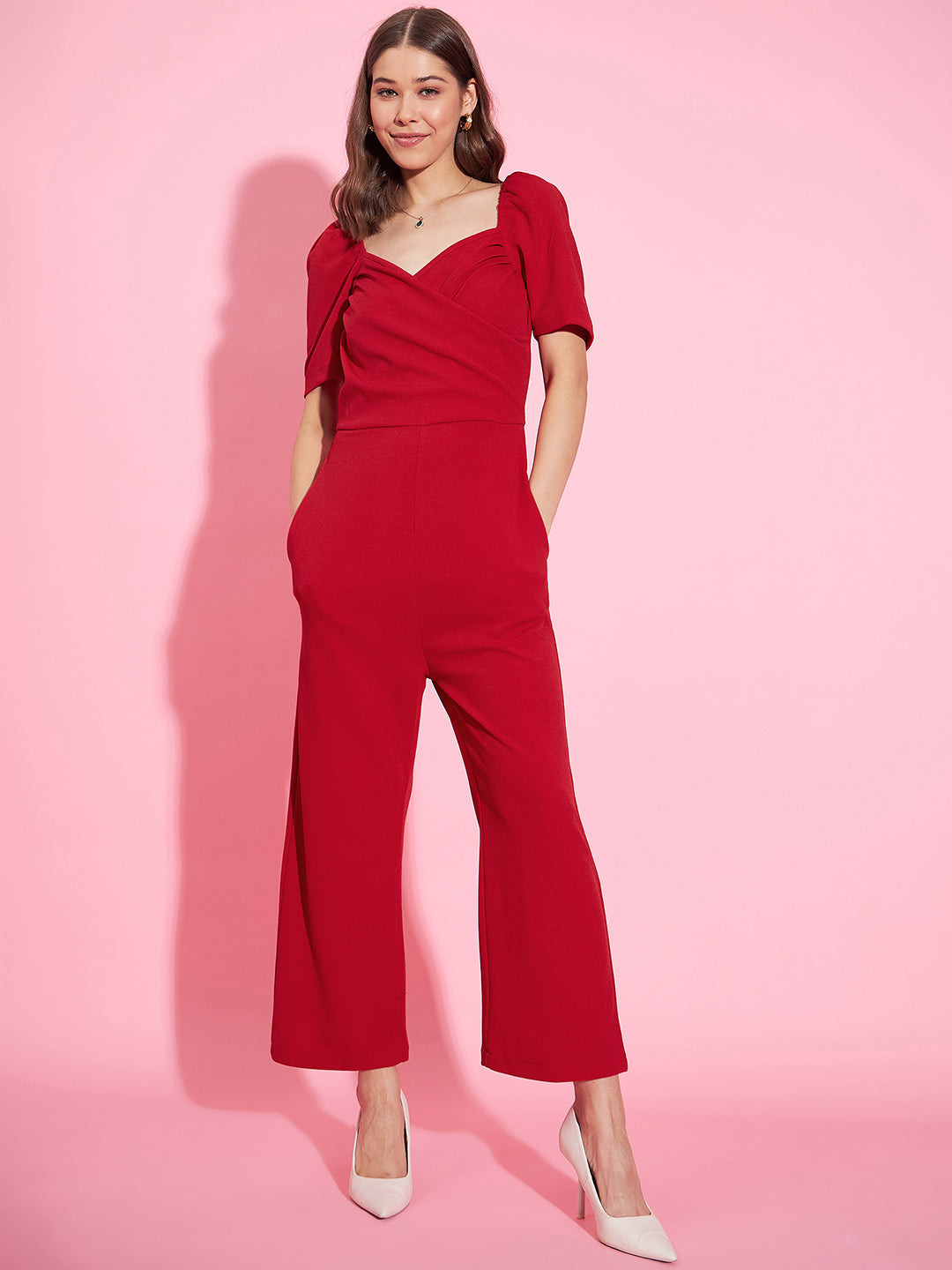 Women's Front Pleat Red Polyester Lycra Jumpsuit - StyleStone