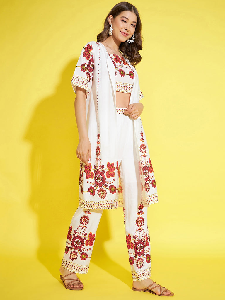 Women's 3 Piece Shrug, Inner & Trouser Rayon Co-Ord Set