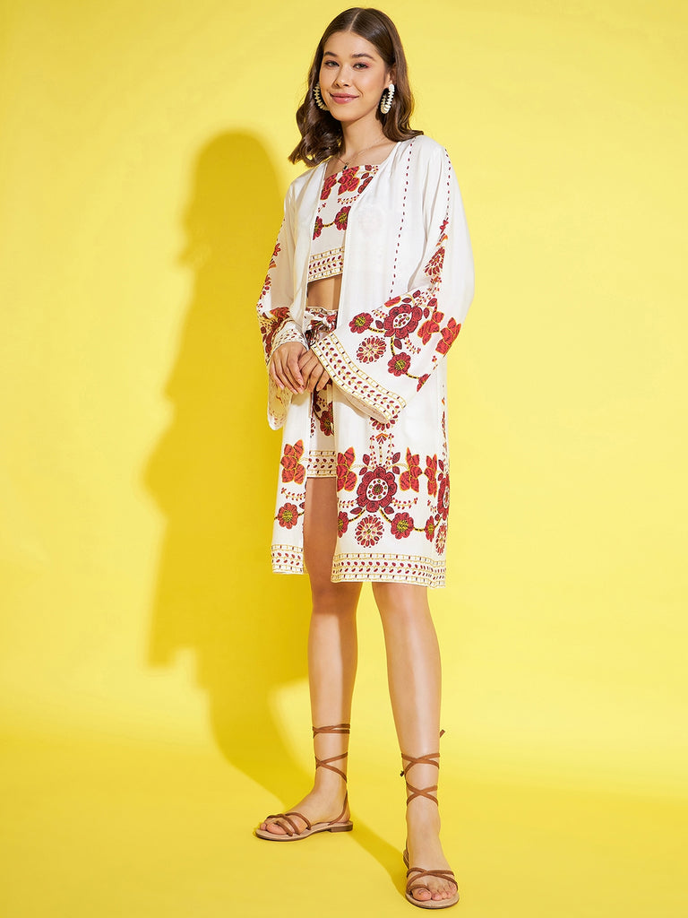 Women's 3 Piece Shrug, Inner & Shorts Rayon Co-Ord Set