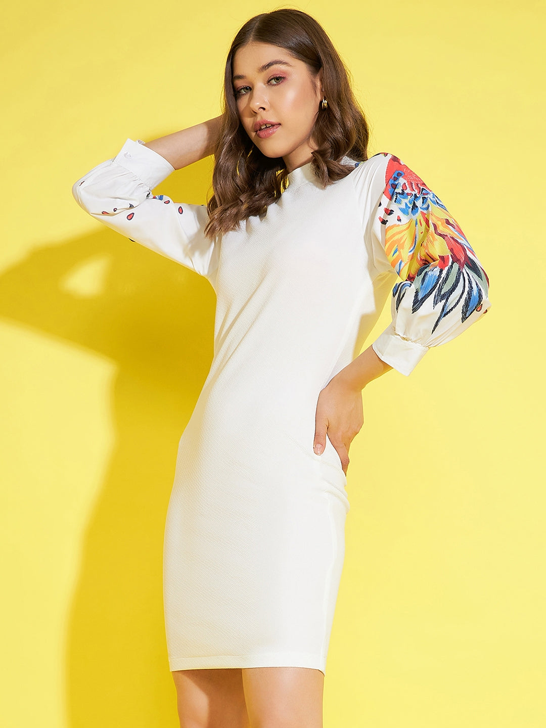 Women's White Bodycon Dress With Multi Coloured Printed Sleeves - StyleStone