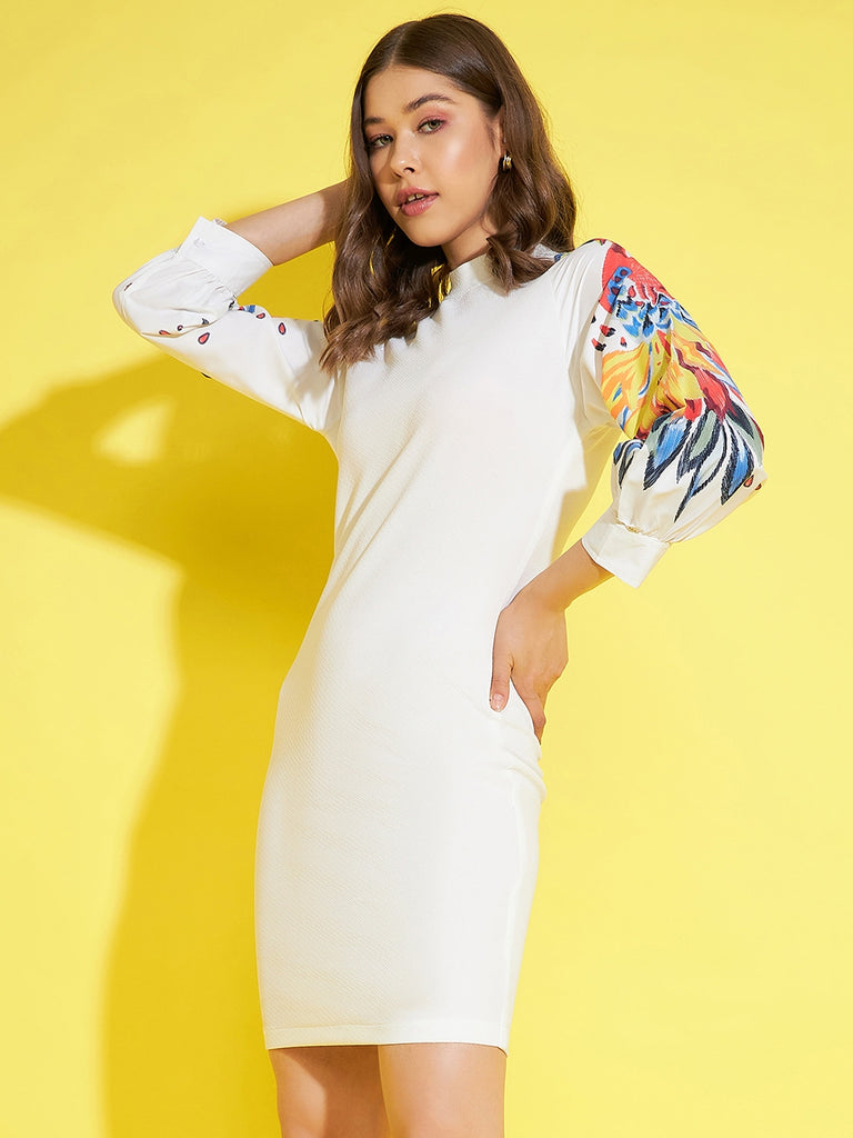 Women's White Bodycon Dress With Multi Coloured Printed Sleeves