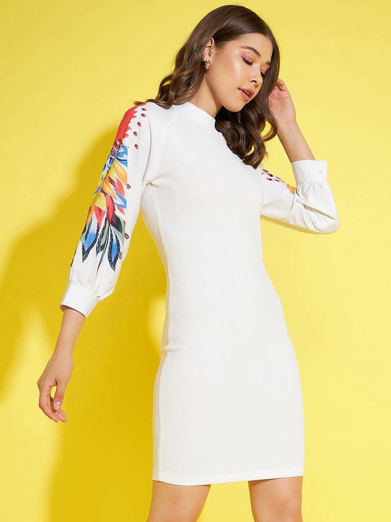 Women's White Bodycon Dress With Multi Coloured Printed Sleeves