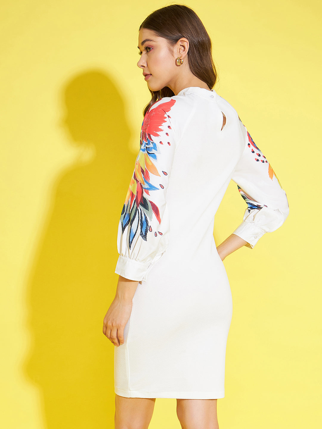 Women's White Bodycon Dress With Multi Coloured Printed Sleeves - StyleStone