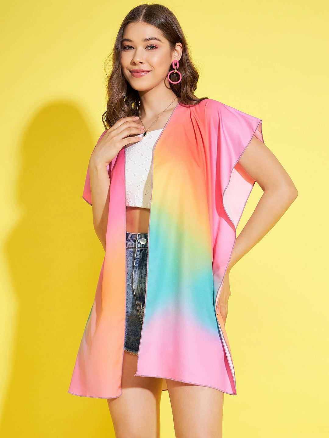 Women's Rainbow Printed Open Shrug - StyleStone