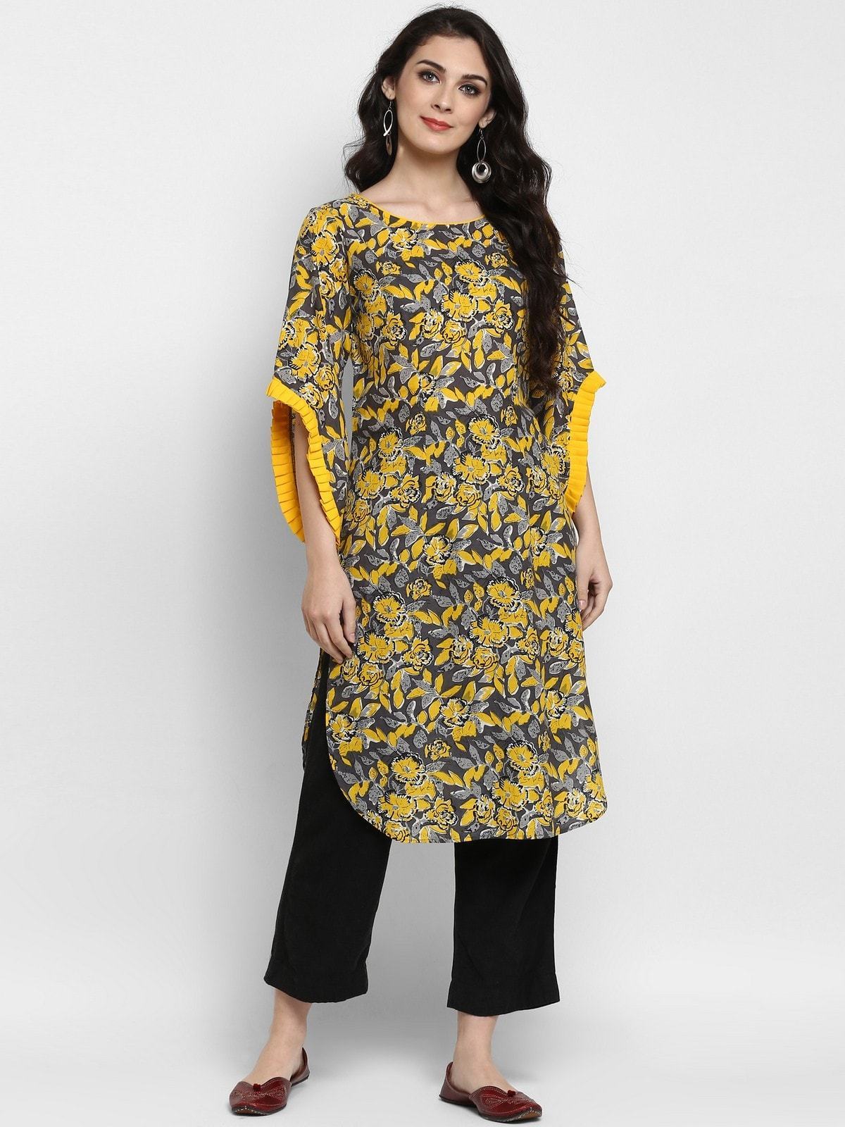 Women's Yellow Floral Printed Petal Sleeves Kurta - Pannkh