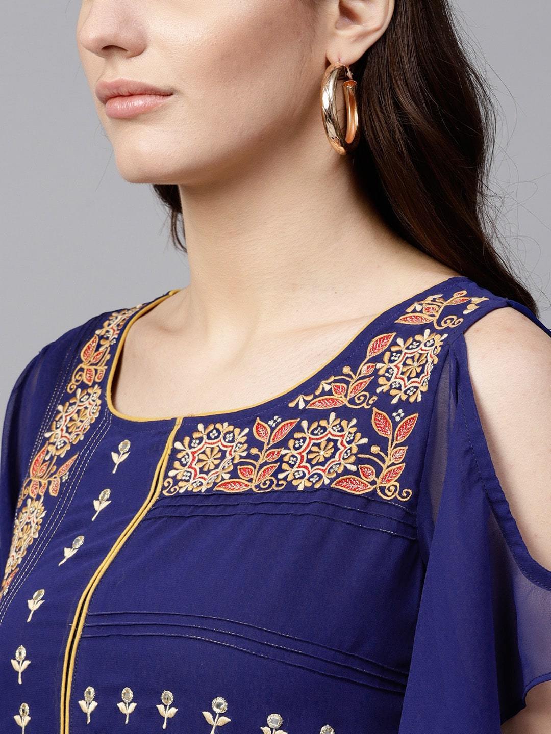 Women's Blue Embroidered Sheer Asymmetric Kurta - Pannkh