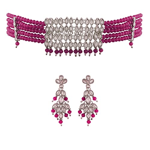 Women's Silver Plated Pink Crystal Beads with Stone Studded Choker Necklace Set - i jewels