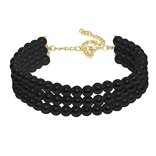 Women's Gold Plated Black Handcrafted 3 Layer Light Weighted Pearl Choker Necklace Set - i jewels
