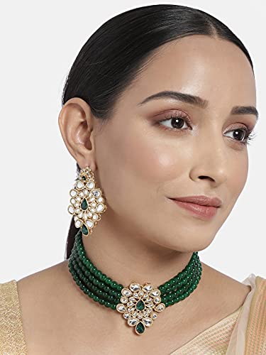 Women's Gold Plated Green Kundan with Beads Choker Necklace Set - i jewels