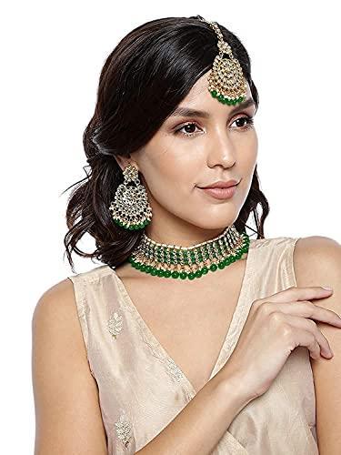 Women's Gold Plated Green Kundan & Pearl Studded Choker Necklace Set - i jewels