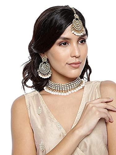 Women's Gold Plated White Kundan & Pearl Studded Choker Necklace Set - i jewels